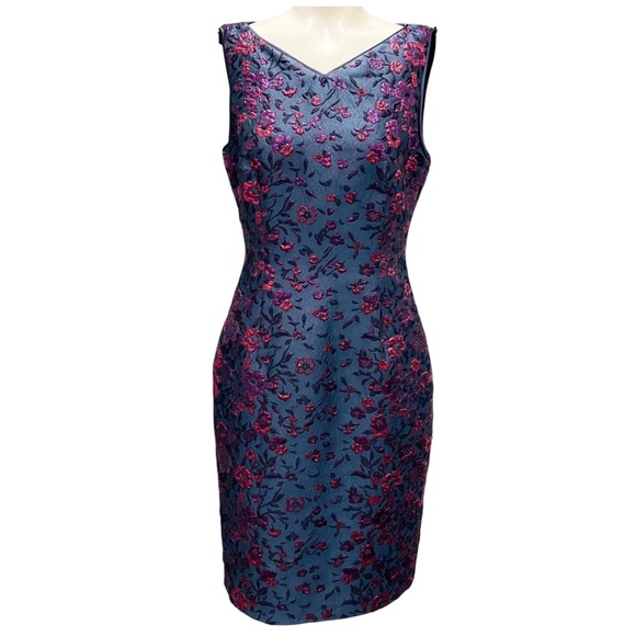 TALBOT RUNHOF BLUE / PINK FLORAL JACQUARD COCKTAIL DRESS - Picture 1 of 6